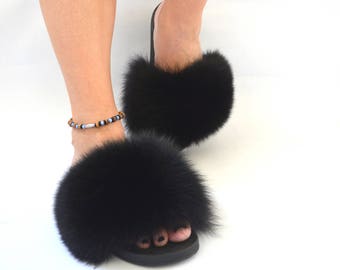 Real Fur Slides, black fox rubber Fur slippon, fur flip flop, fluffy fur shoes , fur pool sliders, genuine fox fur slippers, real fur pelt.