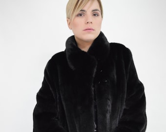 Real velvet mink fur plus size coat, superior black mink fur stroller with diagonal cuff, supple mink fur coat, Nafa Luxury fur gift.