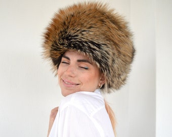 Real golden fox fur hat in tan brown Russian Cossack winter fur hat with padded lining made from full skin, head fur warmer.Luxury fur gift.