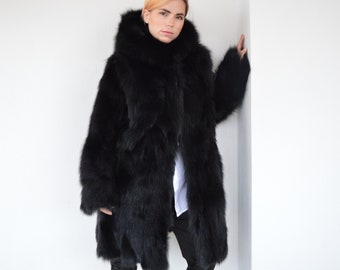 Real black fox fur hooded coat. Winter fur stroller in genuine supple fox fur pelt, super warm and fluffy luxury fur gift for women.
