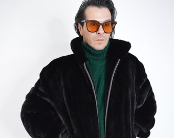 Velvet Mink Bomber Jacket: Black Saga velvet for men with Leather Details