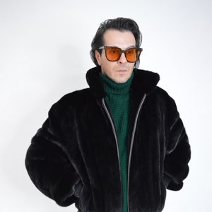 Real Premium Velvet black mink bomber for Men. Stylish and fresh fur jacket with leather details and zipper. Luxury fur gift for Men.
