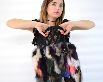Multicoloured Fox Fur Tote Bag: Leather Details, Rabbit Fur Trim