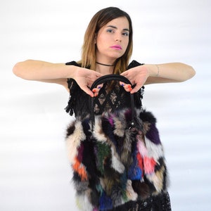 Real fox fur multicoloured bag with rabbit fur and leather details. Practical leather tote handbag, supportive shoulder bag, luxury gift