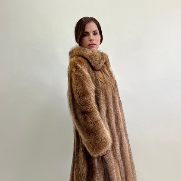 Real crystal raccoon fur coat with big collar, natural tan brown full length godet ,camel super warm supple and affordable luxury fur gift