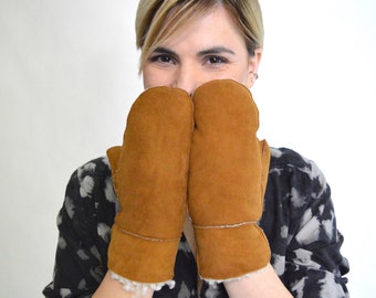 Real camel sheepskin fur mittens, genuine shearling gloves with fur inside for adults,mouton fur mittens, natural warm sheep fur mitten.