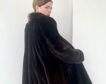 Real mahogany let out godet mink superior fur long coat in supple male pelts with fur hooks closure. Stunning Luxury gift for her.