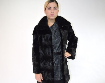 Black Mink Fur Jacket, Genuine Fur Pelt,with Collar