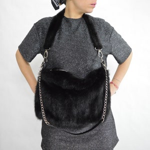 Real black mink fur slouchy shoulder bag with leather details and metal chain. Luxury fur gift mink fur crossbody. Beautiful mink accessory