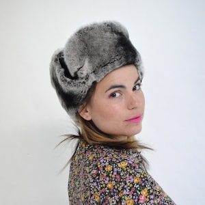 Real trapper leather and rabbit fur hat, aviator style fur hat, genuine soft fur hat in brown or dyed rabbit chinch look fur hat.