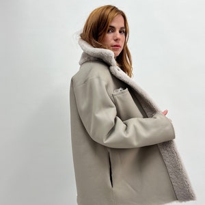 Real sheepskin light grey fur double face jacket with grey nappa.Boxy shearling fur overshirt easy to wear, modern and warm Luxury fur gift.