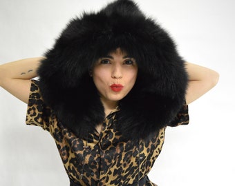 Real black fox fur hood, huge fluffy fur hood accessory. Stylish fur hood with drawstring. Genuine fox fur pelt collar. Winter warm hood.