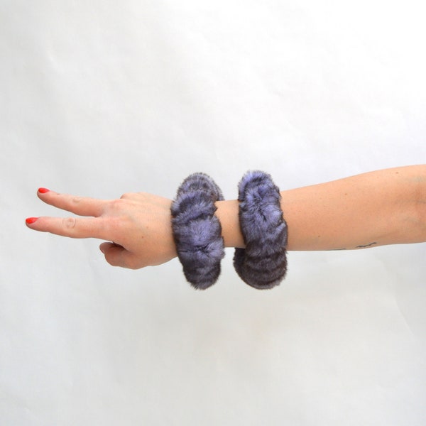 Real gray fur scrunchies, purple rabbit coat cuffs, grey real fur cuffs or hair tie, fur fashion bangle, unique hair accessory luxury gift.