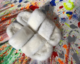 Ciabatte in pelliccia di visone bianco: pantofole di pelliccia di