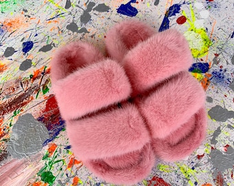 Ciabatte in pelliccia di visone rosa: pantofole di lusso con soletta in pelle