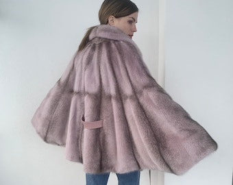 Real pink black cross mink fur cape in fabulous male mink skins with leather belt, supple and affordable luxury fur gift.