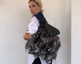 Real Leather & Silver Fox Fur Backpack: Adjustable Straps