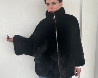 Capa de piel de visón negra hecha a mano: Chaqueta de lujo extragrande
