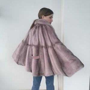 Real pink black cross mink fur cape in fabulous male mink skins with leather belt, supple and affordable luxury fur gift.