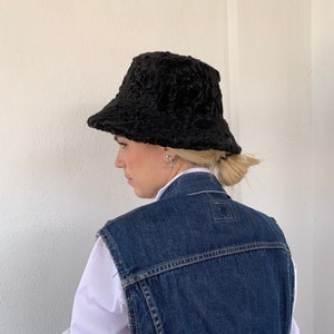 Real bucket swakara lamb fur hat. Stylish black fur hat with padded lining, fisherman’s hat fur warmer.Luxury fur gift.