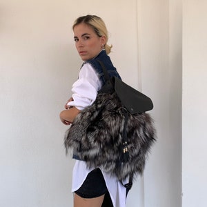 Real leather and silver fox fur backpack, real fox fur school bag,leather rucksack with adjustable straps and handle leather bag.
