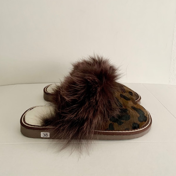 Genuine shearling slippers for women cowhide fur print with fox fur trim,  with foam sole fur slippers. Lightweight mouton fur.