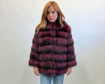 Genuine burgundy raccoon fur jacket with collar, horizontal with leather trim jacket, super warm, supple and affordable luxury fur gift.