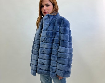 Real jeans rex rabbit horizontal plus size fur jacket with leather trim, soft touch and lightweight fur.Luxury fur gift.Real fur in a budget