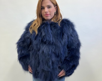 Luxury Blue Fox Fur Coat, Full Pelt, Big Hood, Made in Greece