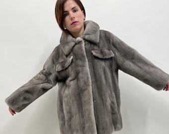 Blue Iris Nerz Pelz Over-Shirt Mantel: Boxy Style, Taschen