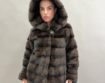 Aurora Brown Mink Fur Hooded Coat: Handmade Luxury Jacket