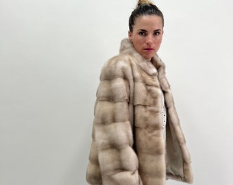 Real silver mink fur jacket horizontal grey mink fur stroller with high collar. stunning mink fur pelt coat. Luxury gift for her.