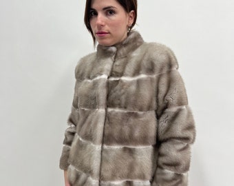 Real silver mink fur jacket horizontal grey mink fur stroller with sheared mink trim. Stunning mink fur pelt coat. Luxury gift for her.