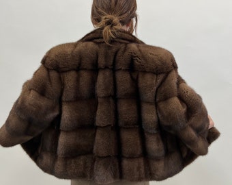 Real mink fur horizontal collared short Demi buff jacket. Saga lavish brown supple mink bolero full skin fur. Affordable luxury fur gift.