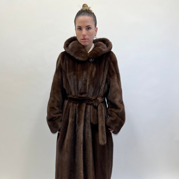 Real brown mink premium lavish mink fur long hooded coat in supple Demi buff pelts with belt. Stunning let out stroller.Luxury gift for her.