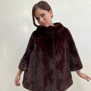Real Burgundy mink fur jacket in Saga fur quality, lavish and edgy stand up collar mink coat. Affordable luxury fur gift for women.