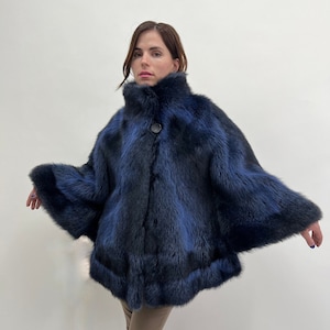 Real blue raccoon fur cape with collar, one size fabulous navy and black fur cape with pockets, warm supple and affordable luxury fur gift.