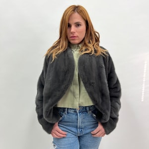 Grey blue faux fur cropped collarless jacket online
