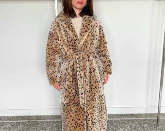Handmade Merino Shearling Coat: Animal Stamp Fur Stroller, Brown Leather Wrap