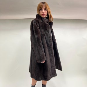 Real brownish Saga fur mink high collar coat let out technique, gray and dark brown lavish and super rich mink Luxury fur gift in a budget.