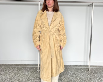 Handmade Beige Suede Leather Coat: Distressed Genuine Leather, Size Large