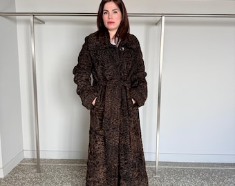 Handmade Brown Swakara Curly Fur Coat with Tie Belt – Extremely Warm Sheepskin Coat