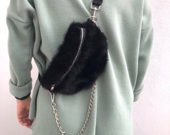 Riñonera de piel de visón negra con cadena: riñonera de lujo