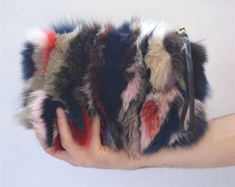 Real fox fur bag, real fur clutch bag, genuine leather handbag , wristlet real fur purse, zipped genuine fox fur pouch, evening fur bag.