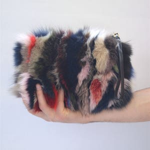 Real fox fur bag, real fur clutch bag, genuine leather handbag , wristlet real fur purse, zipped genuine fox fur pouch, evening fur bag. image 1