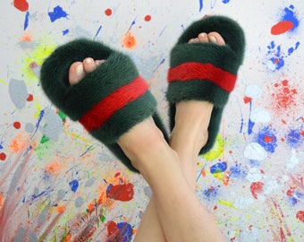 Green & Red Mink Fur Slides: Luxury Comfy Slippers