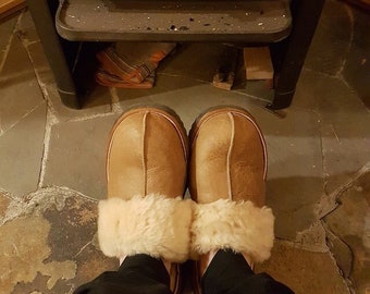Tan Shearling Slippers: Genuine Sheepskin Fur Shoes