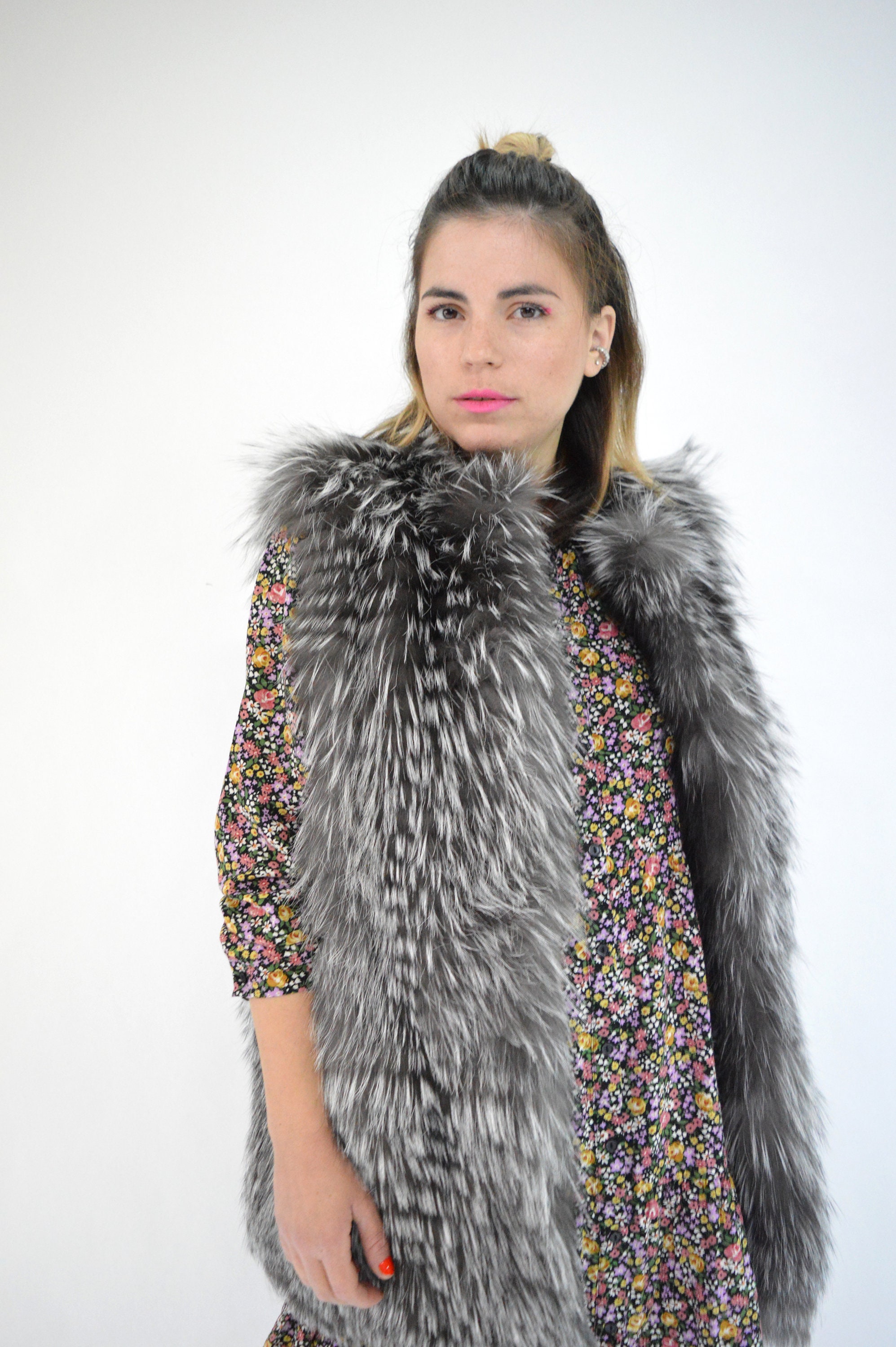 Real fur vest silver fox full skin vest collarless winter | Etsy