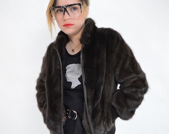 Real brown fur mink bomber with knitted details on hem and cuffs. Stylish and fresh fur jacket. Lightweight mink Luxury fur gift for women.