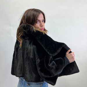 Real mink fur collared short Black Saga jacket.Lightweight dyed supple mink bolero full skin fur. Affordable luxury fur gift.